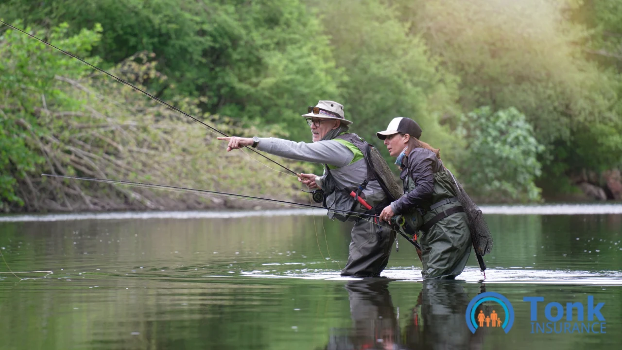 Fishing guide pointing out a trout lie while a client casts a fly rod in a clear river