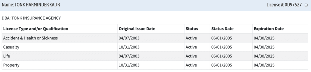 harminder tonk insurance license